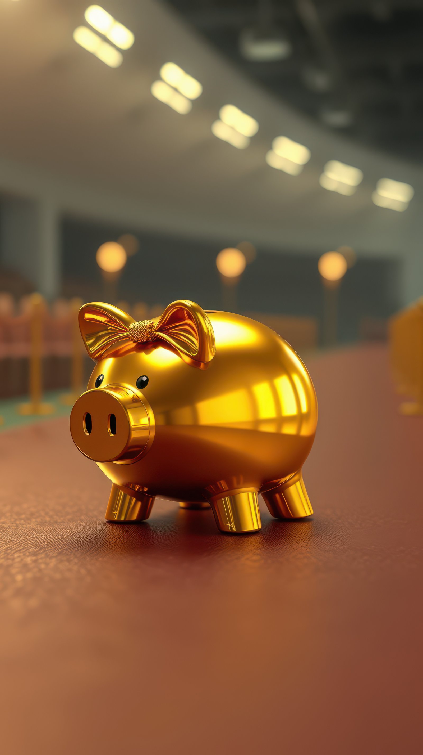 Golden piggy bank sits on a table in a bright, modern interior with soft lighting and blurred background elements
